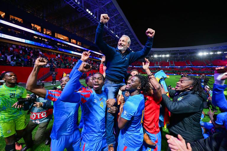 DR Congo players celebrate after defeating Nigeria and securing qualification for the 2026 World Cup during the 2026 World Cup Qualifier CAF Play-Offs football match between the Nigeria and RD Congo at Prince Héritier Moulay El Hassan Stadium, 16 November 2026. ©Nabil Ramdani/BackpagePix