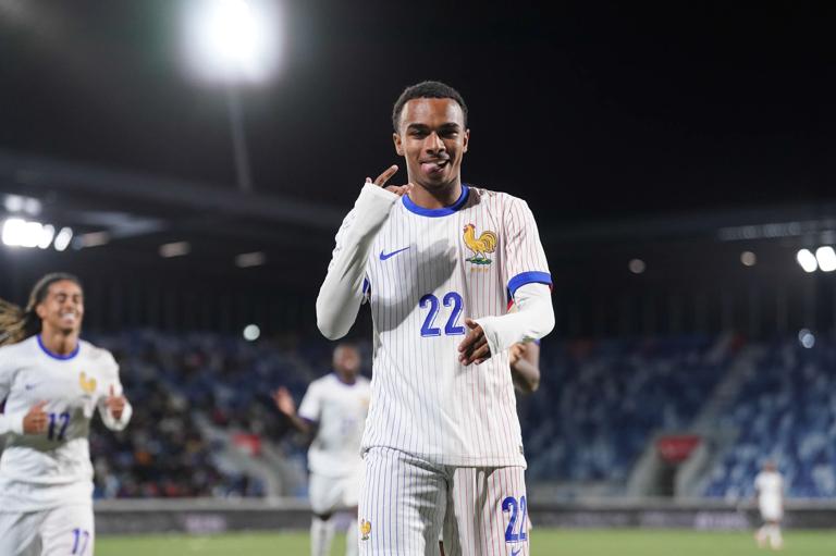 Eli Junior KROUPI of France celebrates during the Euro U21 2027 - Qualifiers match between Switzerland and France at Stade de la Tuiliere on November 14, 2025 in Lausanne, Switzerland. (Photo by Hugo Pfeiffer/Icon Sport via Getty Images)