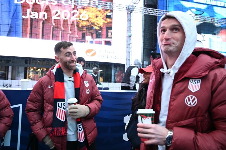 NEW YORK, NEW YORK - DECEMBER 5: Matt Turner (left) and Matt Freese react during announcements of teams during the 2025 World Cup Draw Show on December 5, 2025 in New York City. (Photo by Mark Smith/ISI Photos/USSF/Getty Images)