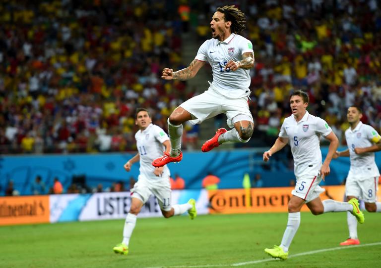 MANAUS, BRAZIL - JUNE 22:  Jermaine Jones of the United States celebrates scoring his team's first goal during the 2014 FIFA World Cup Brazil Group G match between USA and Portugal at Arena Amazonia on June 22, 2014 in Manaus, Brazil.  (Photo by Stuart Franklin - FIFA/FIFA via Getty Images)