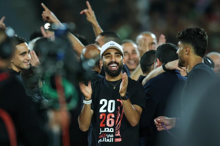 Marwan Attia of Egypt participates in the ceremony for Egypt's qualification for the World Cup after the FIFA World Cup African qualifiers Match Group A between Egypt and Guinea-Bissau at Cairo International Stadium in Cairo, Egypt, on October 12, 2025. (Photo by Ayman Aref/NurPhoto via Getty Images)