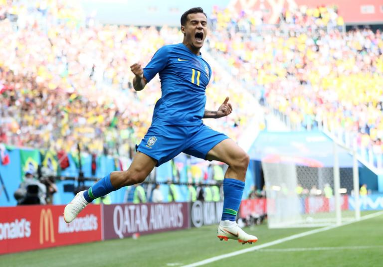 SAINT PETERSBURG, RUSSIA - JUNE 22:  Philippe Coutinho of Brazil jumps in the air as he celebrates scoring the opening goal during the 2018 FIFA World Cup Russia group E match between Brazil and Costa Rica at Saint Petersburg Stadium on June 22, 2018 in Saint Petersburg, Russia.  (Photo by Jamie Squire - FIFA/FIFA via Getty Images)